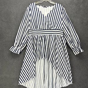 Bloomchic Dress Womens Plus 2X 18 20 Blue Stripes Long Sleeve V Neck Pockets